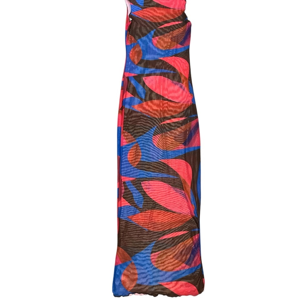 Transparent Stretch Vibrant Maxi Dress with Abstract Pattern. L